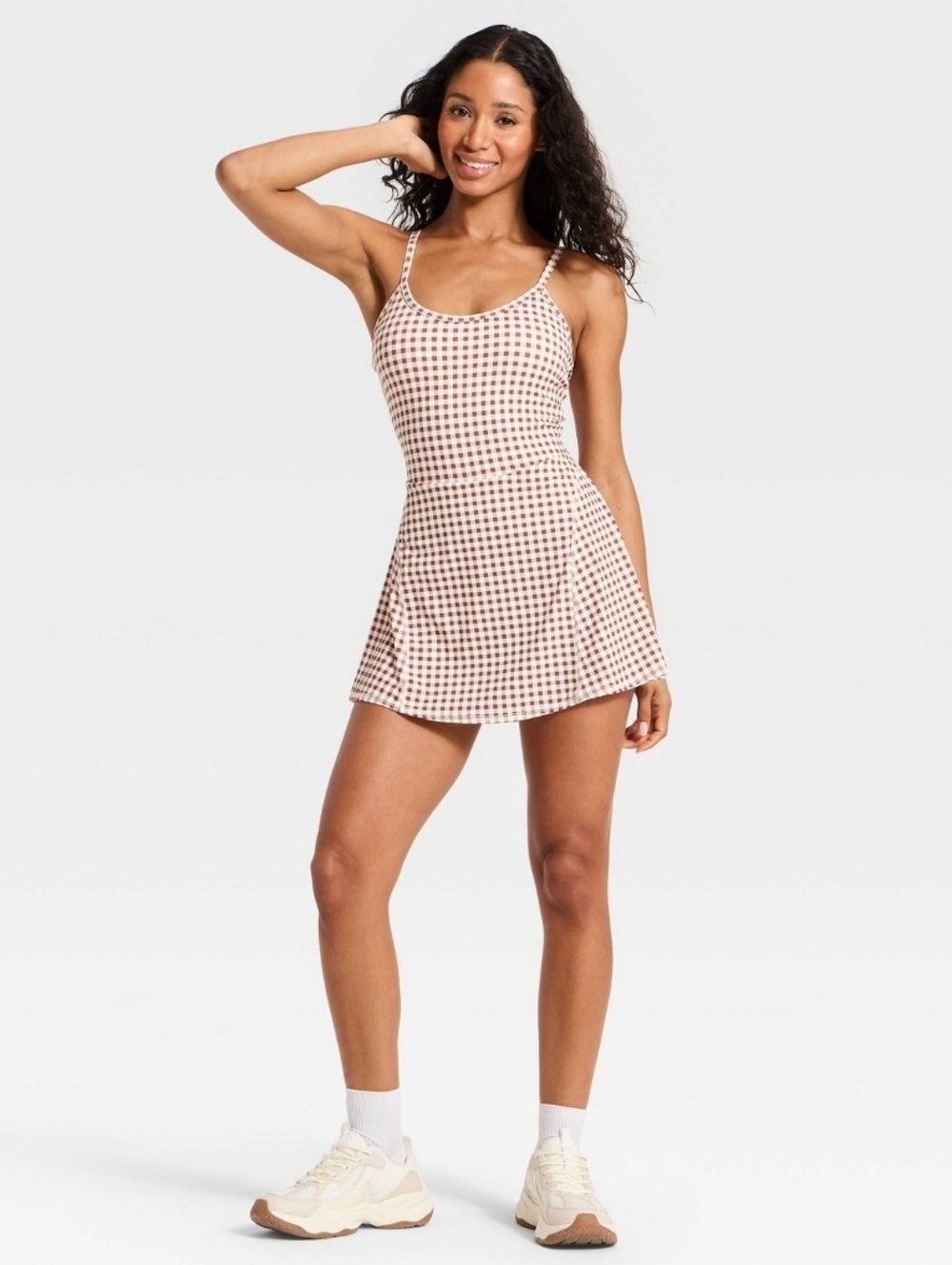 Gingham Scoop Neck Skater Dress - Brown & White